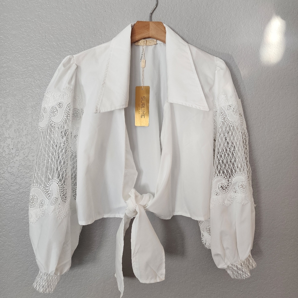 Cotton Blend Puff Sleeve Embroidered Top